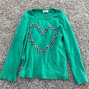 Boden Green Long Sleeve Kids Shirt with Heart Appliqué